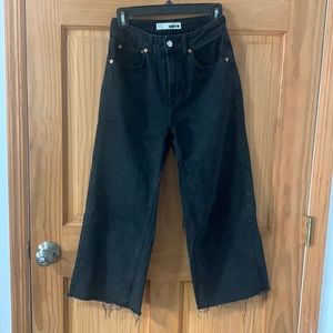 Topshop Black Cropped Wide Leg Jeans Frayed Waist 25 Length 30